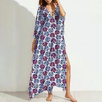 Women\'s Beach Simple Loose Dress, Floral V Neck Maxi ½ Length Sleeve Polyester Summer Mid Rise Inelastic Medium