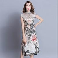 Women\'s Party Vintage Chinoiserie Sheath Dress, Floral Stand Midi Short Sleeve Polyester Spring Summer Mid Rise Inelastic Medium