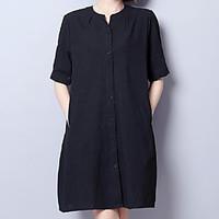 Women\'s Plus Size Casual/Daily Work Vintage Simple Loose Dress, Solid Round Neck Above Knee Short Sleeve Linen Summer High Rise