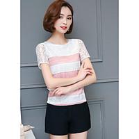 Women\'s Casual/Daily Simple Summer Blouse, Striped Round Neck Short Sleeve Polyester