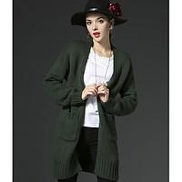 Women\'s Going out Casual/Daily Work Simple Cute Regular Cardigan, Solid Green Shirt Collar Long Sleeve Acrylic Spring Winter Thick Stretchy