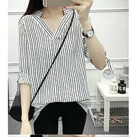 Women\'s Casual/Daily Simple Blouse, Striped V Neck ¾ Sleeve Polyester
