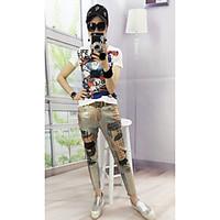 Women\'s Low Rise Micro-elastic Slim Pants, Street chic Vintage Skinny Print Letter