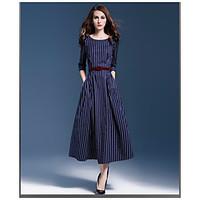 Women\'s Going out Simple A Line Dress, Striped Round Neck Midi ¾ Sleeve Polyester Summer Mid Rise Micro-elastic Medium