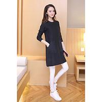 Women\'s Going out Casual/Daily Simple Cute Loose Dress, Solid Round Neck Knee-length Long Sleeve Polyester Fall Mid Rise Micro-elastic