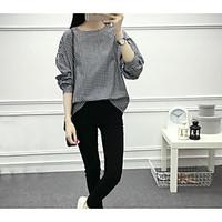 womens going out vintage spring shirt check round neck long sleeve cot ...