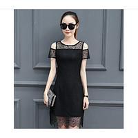 Women\'s Going out A Line Dress, Solid Round Neck Knee-length Short Sleeve Polyester Summer High Rise Micro-elastic Medium