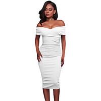 Women\'s Party Club Sexy Bodycon Dress, Solid Boat Neck Midi Short Sleeve Polyester Spandex Summer High Rise Stretchy Medium