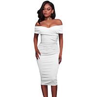 womens party club sexy bodycon dress solid boat neck midi short sleeve ...