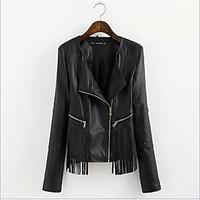 womens casualdaily simple spring leather jacket solid notch lapel long ...