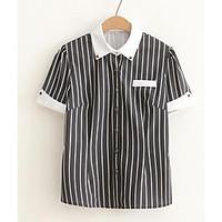 Women\'s Casual/Daily Simple Spring Summer Shirt, Striped Shirt Collar Short Sleeve Cotton Thin