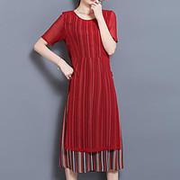 Women\'s Plus Size Casual/Daily Work Vintage Simple Chinoiserie Shift Dress, Striped Round Neck Midi Short Sleeve Others Summer Mid Rise