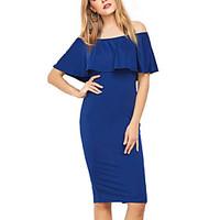 Women\'s Sexy Solid Boat Neck Ruffle Side Plus Size Party Club Bodycon Sheath Pencil Dress