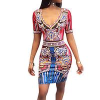 Women\'s Going out Club Holiday Sexy Vintage Boho National Style Bodycon DressPrint Color Block V Neck Above Knee Short Sleeve Spring Summer