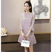 Women\'s Going out Casual/Daily Sports Street chic Sophisticated Lace Dress, Solid Round Neck Above Knee Short Sleeve Silk Cotton Rayon