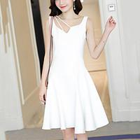 Women\'s Going out Party Cute Street chic Slim Skater Dress Solid V Neck Above Knee Sleeveless Cotton Polyester Summer High Waist