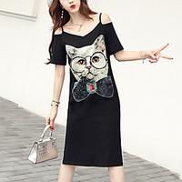 Women\'s Casual/Daily Cute Street chic Loose Dress Print Cartoon Split Off Shoulder Knee-length Short Sleeve Cotton /Polyester Summer