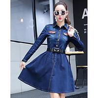 Women\'s Casual/Daily Cute Denim Dress, Solid Crew Neck Above Knee ¾ Sleeve Cotton Spring Mid Rise Micro-elastic Thin