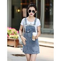 Women\'s Going out Casual/Daily Sophisticated Denim Dress, Solid Round Neck Above Knee Short Sleeve Cotton Rayon Summer Low Rise