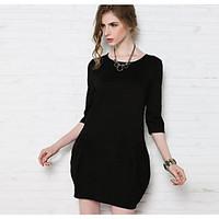 Women\'s Casual/Daily Lace Dress, Solid Round Neck Above Knee ¾ Sleeve Silk Faux Fur Cotton Rayon Summer Mid Rise Micro-elastic Thin