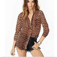 Women\'s Casual/Daily Simple Spring Blouse, Leopard Shirt Collar Long Sleeve Cotton Medium