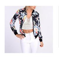 Women\'s Casual/Daily Simple Spring Jacket, Floral Round Neck Long Sleeve Short Cotton Polyester