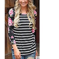 Women\'s Casual/Daily Simple T-shirt, Striped Patchwork Round Neck Long Sleeve Polyester