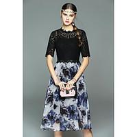 womens going out lace dress solid floral round neck knee length sleeve ...