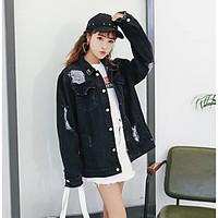 womens going out vintage spring denim jacket print stand long sleeve r ...
