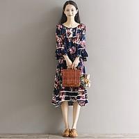 womens going out cute loose dress floral round neck knee length sleeve ...