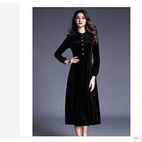 womens casualdaily swing dress solid round neck maxi long sleeve cotto ...