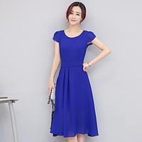 Women\'s Casual/Daily Loose Dress, Solid Round Neck Midi Short Sleeve Cotton Summer Low Rise Micro-elastic Medium