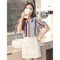 womens work street chic summer blouse skirt suits striped v neck short ...