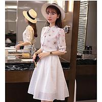 Women\'s Going out Cute Summer Shirt Skirt Suits, Print Round Neck 3/4 Length Sleeve Mesh Micro-elastic