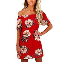 Women\'s Club Holiday Sexy Vintage Boho Sheath DressFloral Boat Neck Above Knee Short Sleeve Backless Spring Summer High Rise
