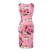 Women\'s Casual/Daily Vintage Bodycon Dress, Print Round Neck Above Knee Sleeveless Polyester Spandex Summer High Rise Micro-elastic Thin
