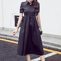 Women\'s Going out Simple Sheath Dress, Solid Shirt Collar Knee-length Short Sleeve Polyester Summer Mid Rise Inelastic Medium