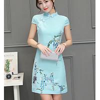 Women\'s Casual/Daily Sheath Dress, Floral Round Neck Knee-length Short Sleeve Cotton Spring Mid Rise Micro-elastic Medium