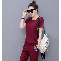 Women\'s Going out Casual/Daily Simple T-shirt Pant Suits, Solid Round Neck Short Sleeve
