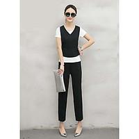 womens work vintage simple street chic summer t shirt pant suits solid ...