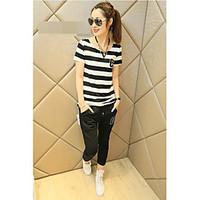 Women\'s Going out Casual/Daily Simple Summer T-shirt Pant Suits, Striped Round Neck Short Sleeve