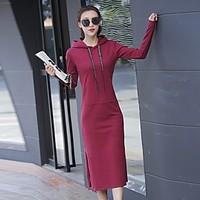 Women\'s Casual/Daily Active T Shirt Dress, Solid Hooded Midi Long Sleeve Cotton Spring Fall Mid Rise Micro-elastic Medium