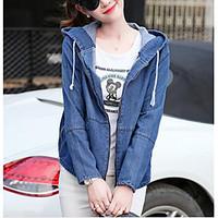 Women\'s Going out Casual/Daily Vintage Spring Fall Denim Jacket, Color Block Round Neck Long Sleeve Regular Cotton