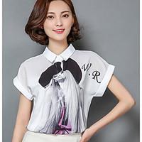 Women\'s Going out Casual/Daily Chinoiserie Blouse, Solid Print Shirt Collar Short Sleeve Others