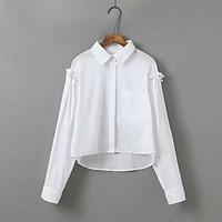 Women\'s Going out Casual/Daily Simple Street chic Fall Winter Shirt, Solid Shirt Collar Long Sleeve White Cotton Medium