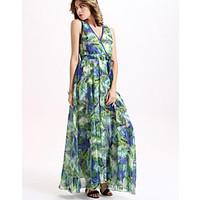 Women\'s Casual/Daily Loose Dress, Geometric Strap Maxi Sleeveless Cotton Summer High Rise Micro-elastic Thin Medium