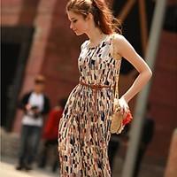 Women\'s Going out Holiday Simple Loose Dress, Print Round Neck Midi Sleeveless Others Summer Mid Rise Inelastic Thin