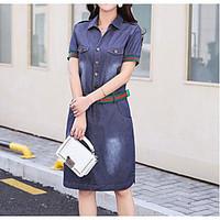 Women\'s Casual/Daily Two Piece Dress, Solid Shirt Collar Midi Short Sleeve Others Summer High Rise Inelastic Thin