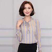 Women\'s Casual/Daily Simple Blouse, Striped Shirt Collar Long Sleeve Cotton