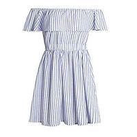 Women\'s Casual/Daily Chiffon Dress, Solid Striped Off Shoulder Above Knee Short Sleeve Cotton Summer Mid Rise Micro-elastic Medium